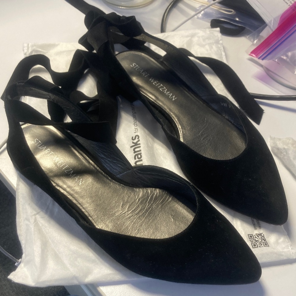 9.5 stuart weitzman supersonic black suede pointed toe flats with ankle straps